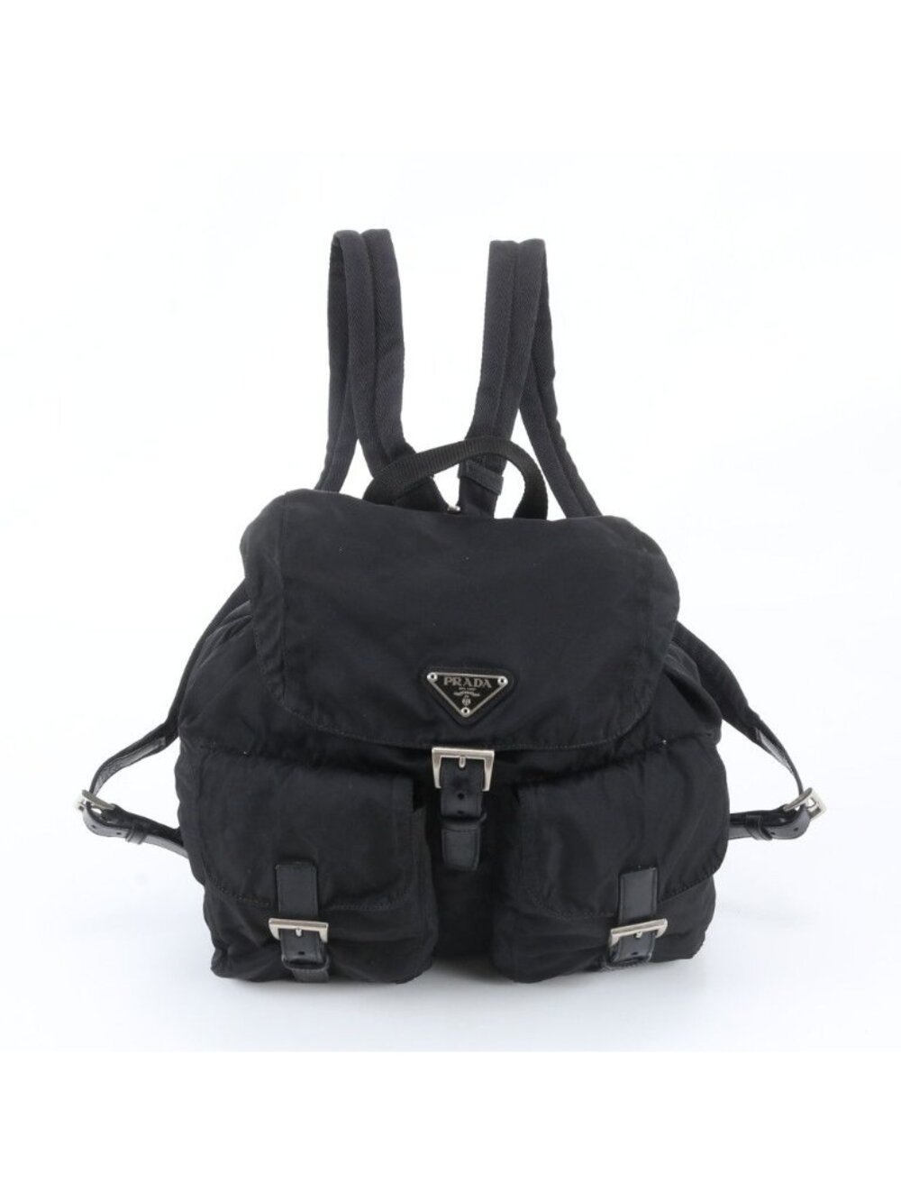 Prada Tessuto Nylon Triangle Logo Leather Backpack Black